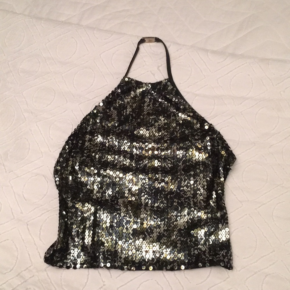 Green/black sequin backless halter